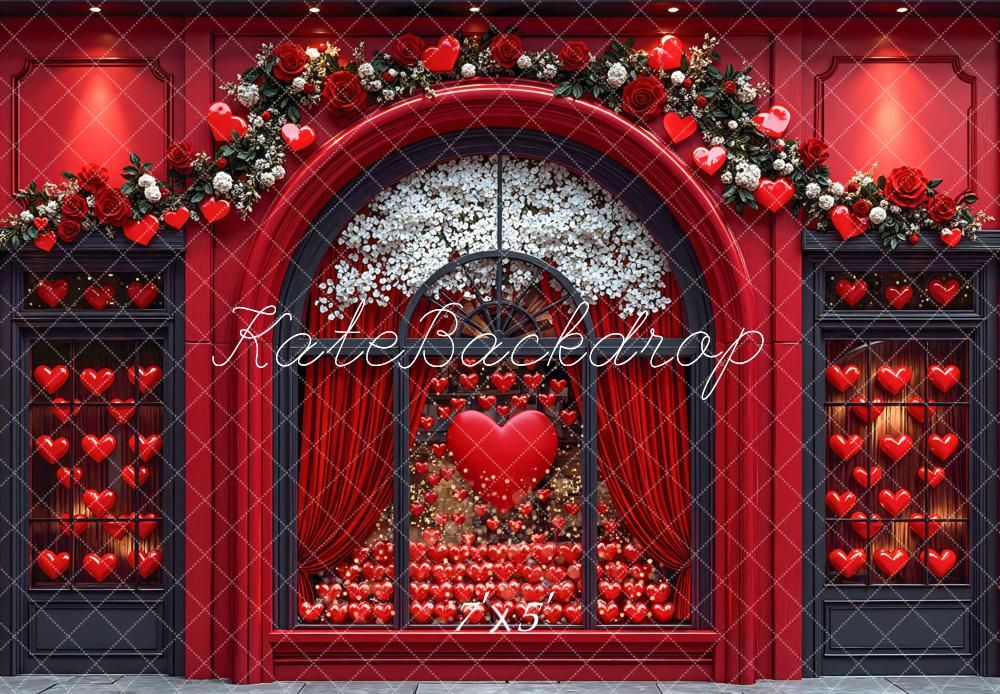 Kate Valentine Red Hearts Floral Arch Window Backdrop Designed by Mini MakeBelieve