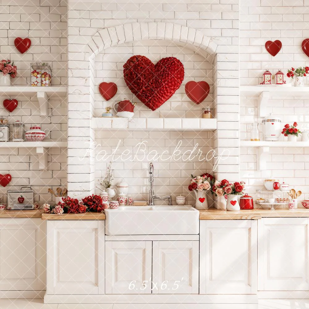 Kate Valentine Red Hearts White Kitchen Backdrop Designed by Emetselch - Image 2