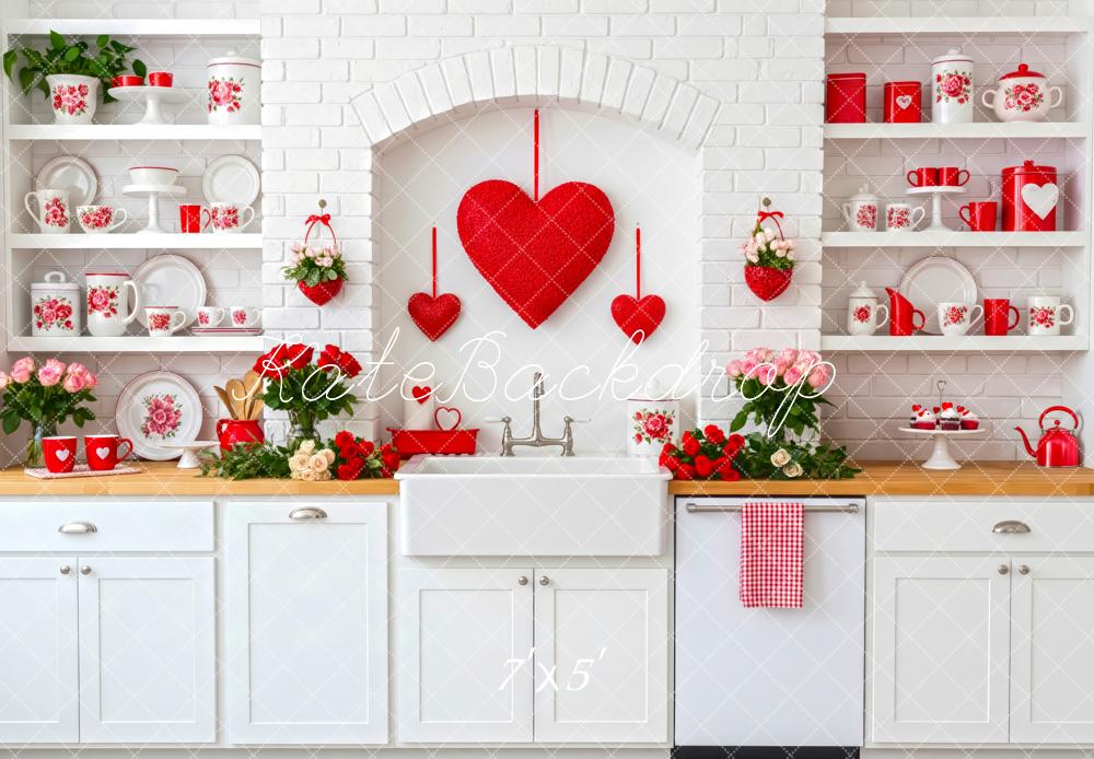 Kate Valentine Red Hearts White Kitchen Backdrop Designed by Patty Robert