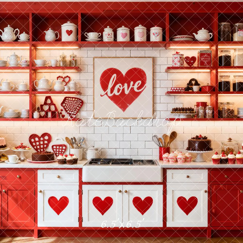 Kate Valentine Red Kitchen Love Hearts Backdrop Designed by Emetselch - Image 2