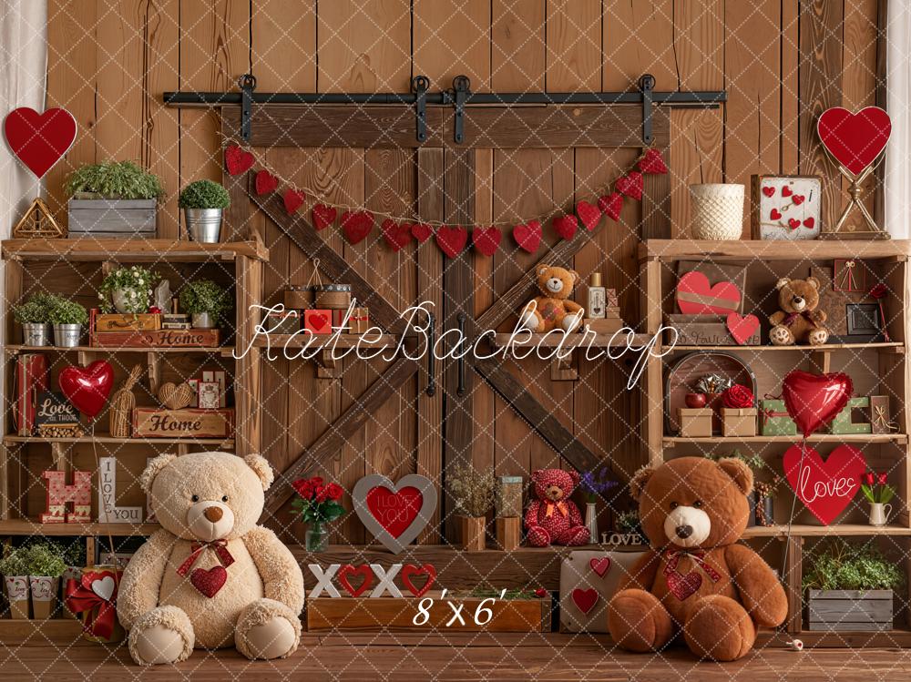 Kate Valentine Teddy Bears Wooden Shelves Fleece Backdrop Designed by Emetselch
