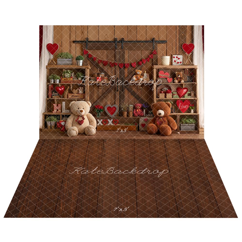 Kate Valentine's Day Teddy Bears Wooden Shelves Backdrop+Dark Brown Wooden Floor Backdrop