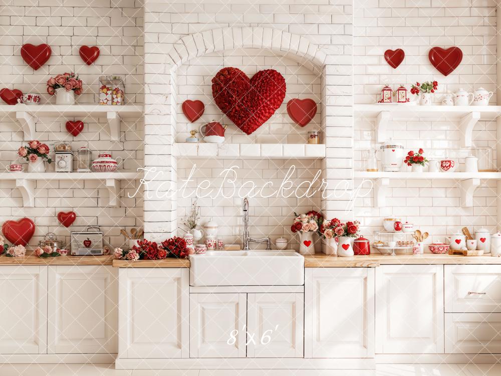 Kate Valentines Kitchen Hearts White Brick Fleece Backdrop Designed by Emetselch