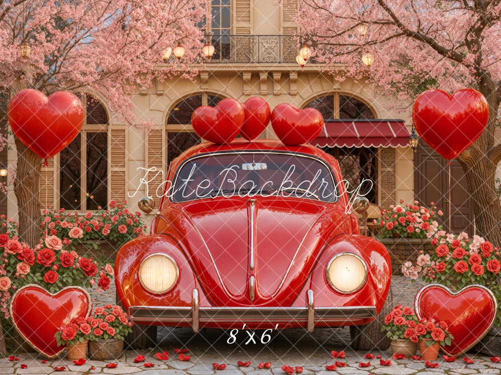 Kate Valentines Red Car Heart Balloons Roses Fleece Backdrop Designed by Emstselch