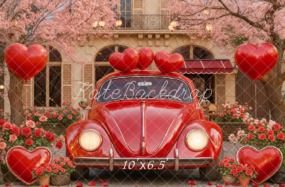Kate Valentines Red Car Heart Balloons Roses Fleece Backdrop Designed by Emstselch - Image 2