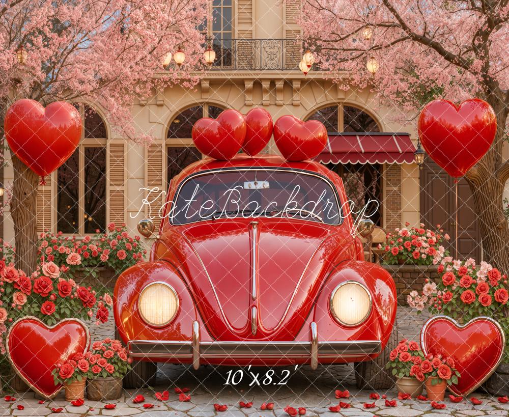 Kate Valentines Red Car Heart Balloons Roses Fleece Backdrop Designed by Emstselch - Image 3