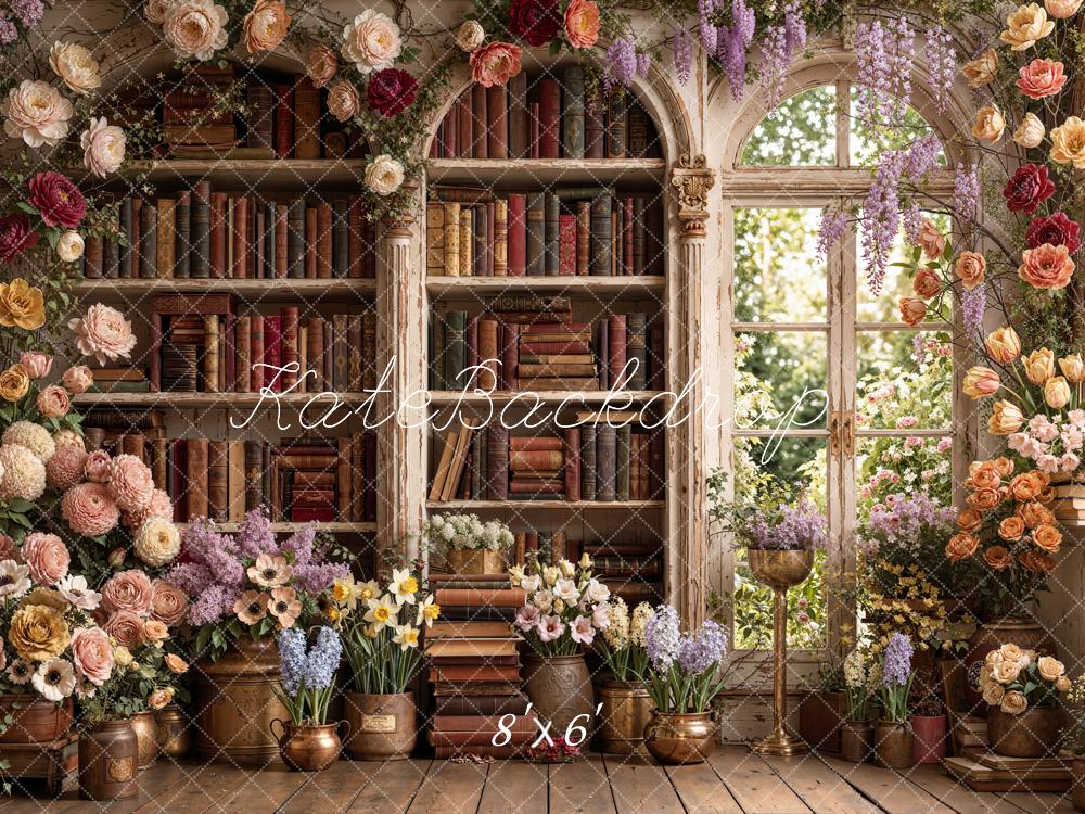 Kate Vintage Arch Bookshelves Window Fleece Backdrop Designed by Emetselch