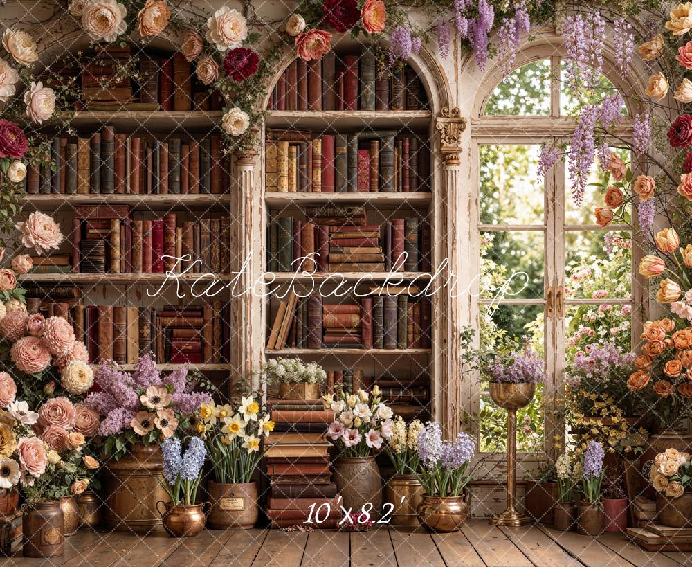 Kate Vintage Arch Bookshelves Window Fleece Backdrop Designed by Emetselch - Image 3