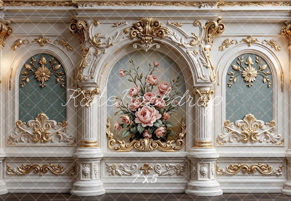 Kate Vintage Arch Pink Roses Gold Details Backdrop Designed by Mini MakeBelieve
