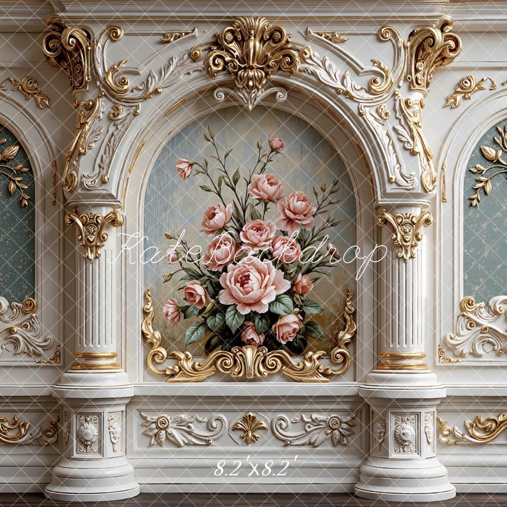 Kate Vintage Arch Pink Roses Gold Details Backdrop Designed by Mini MakeBelieve - Image 5