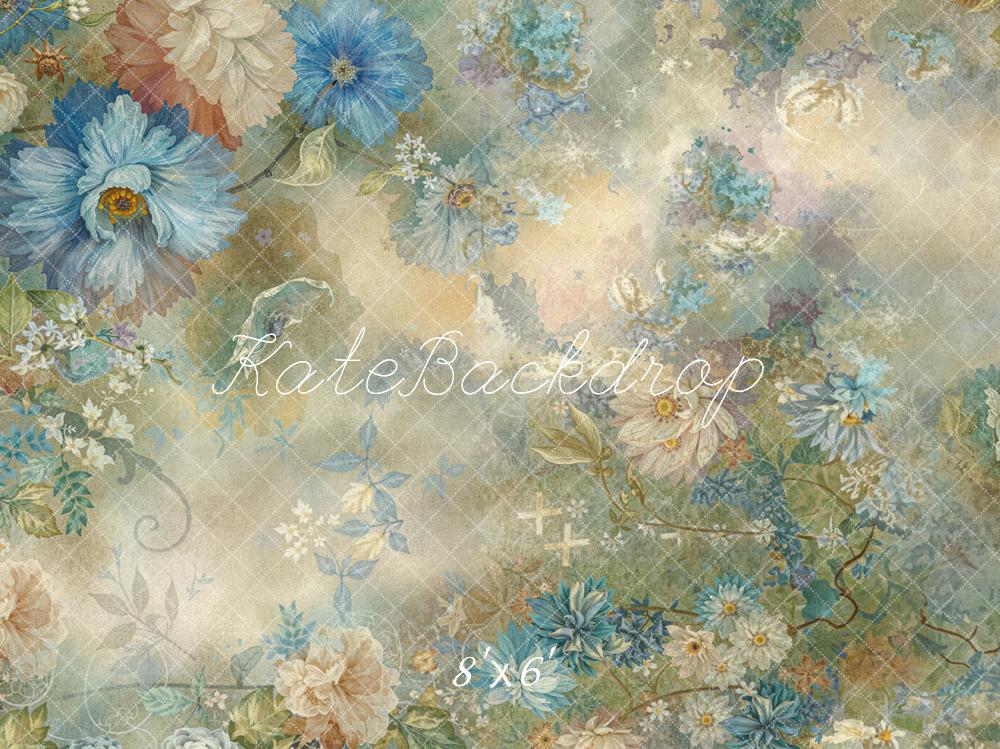 Kate Vintage Blue Beige Flowers Fleece Backdrop Designed by Emetselch