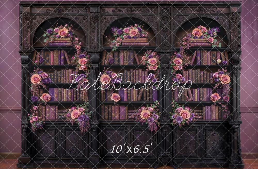 Kate Vintage Bookshelf Floral Purple Fleece Backdrop Designed by Emetselch - Image 2