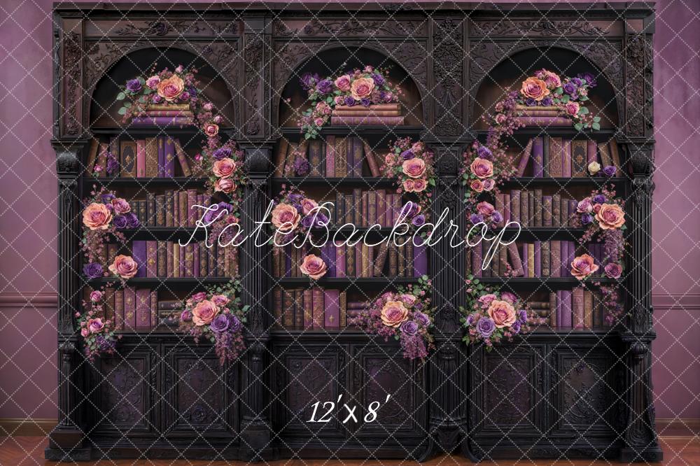 Kate Vintage Bookshelf Floral Purple Fleece Backdrop Designed by Emetselch - Image 4