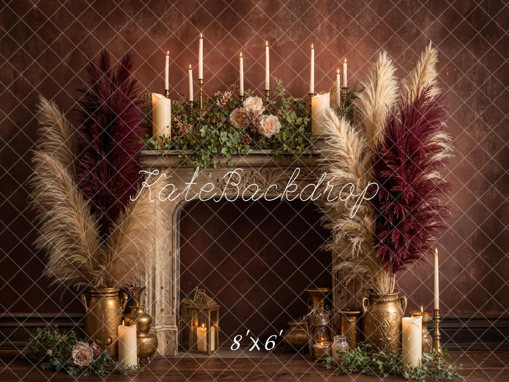 Kate Vintage Fireplace Pampas Candles Fleece Backdrop Designed by Emetselch