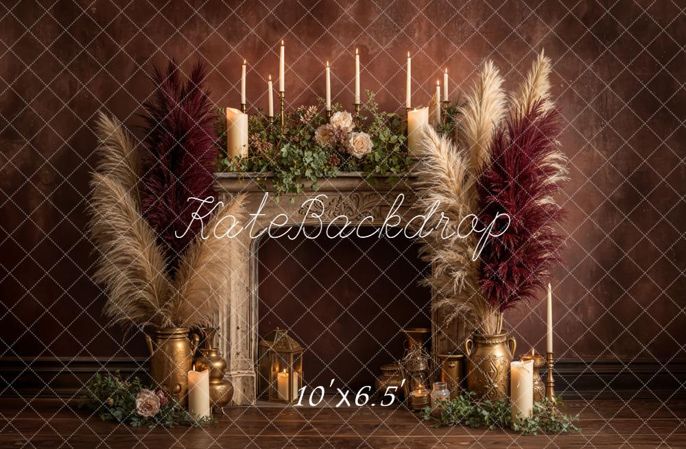 Kate Vintage Fireplace Pampas Candles Fleece Backdrop Designed by Emetselch - Image 2