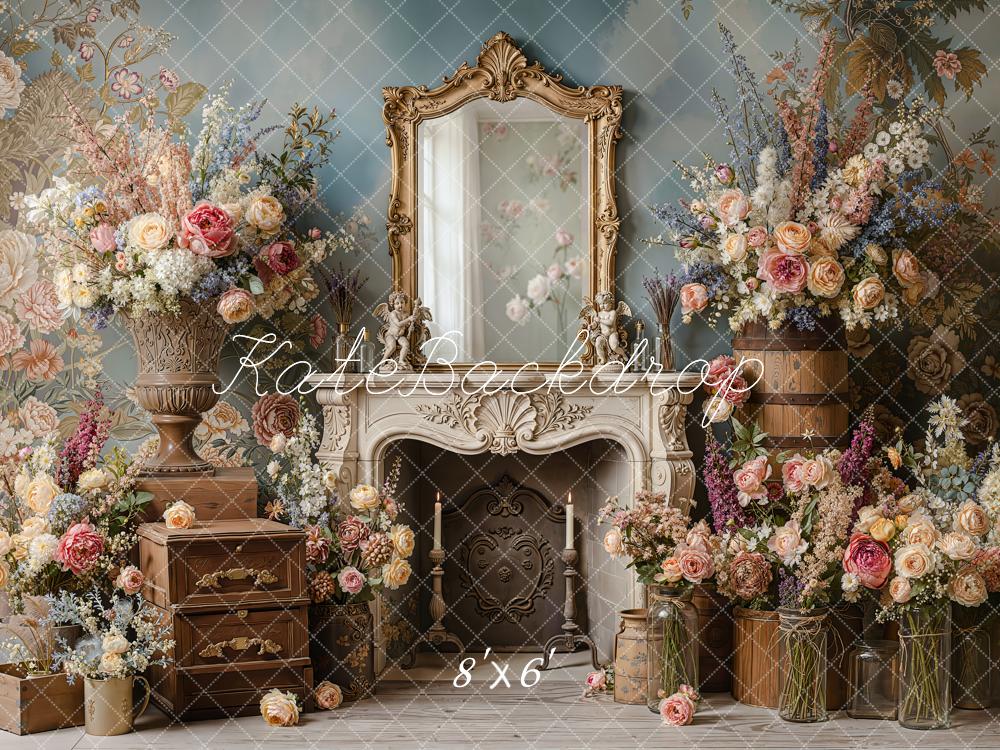 Kate Vintage Floral Mirror Fireplace Fleece Backdrop Designed by Emetselch