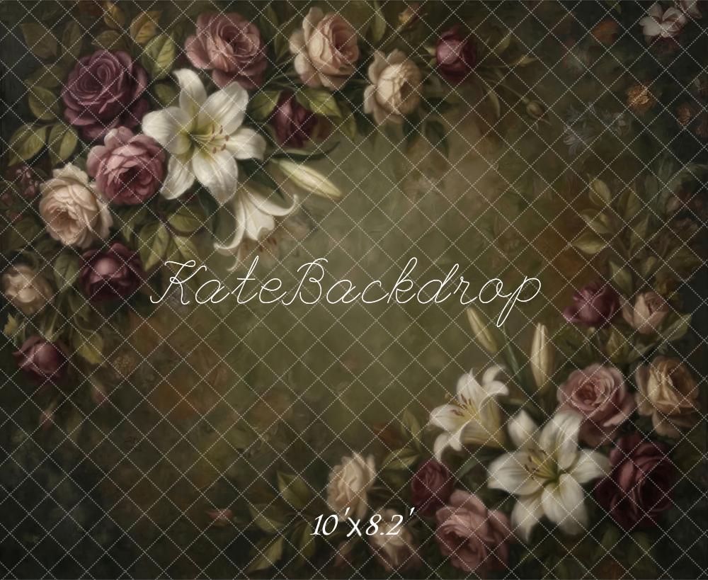 Kate Vintage Roses Lilies Green Fleece Backdrop Designed by Emetselch - Image 3