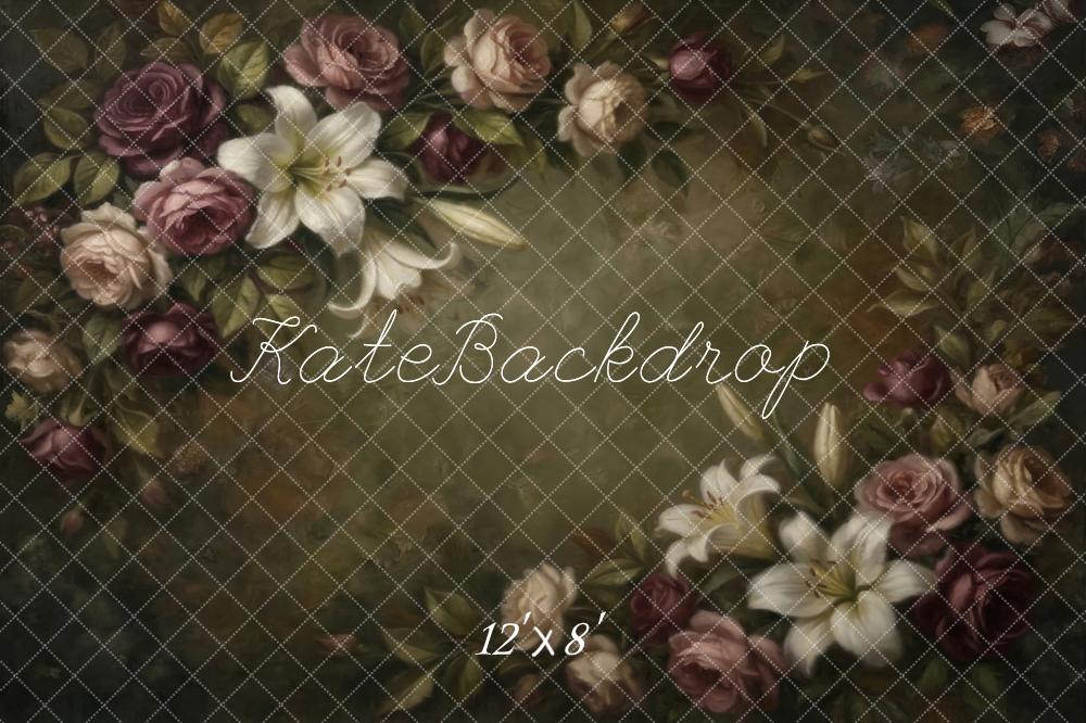 Kate Vintage Roses Lilies Green Fleece Backdrop Designed by Emetselch - Image 4
