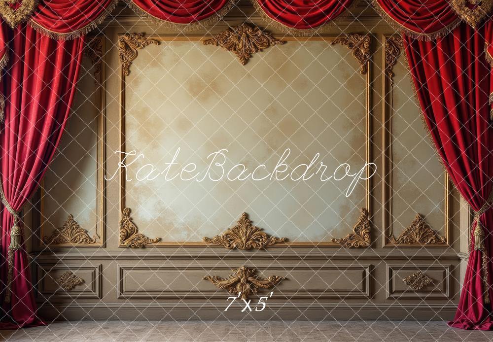 Kate Vintage Wall Red Curtains Gold Embellishments Backdrop Designed by Laura Bybee