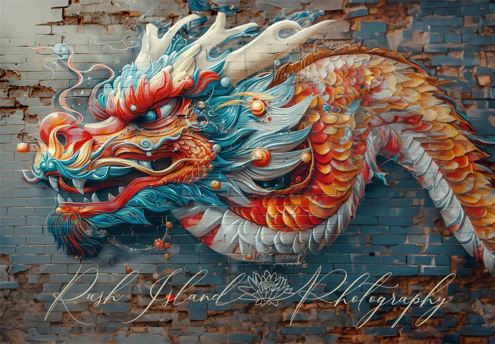 Kate Vivid Colorful Graffiti Dragon Brick Wall Backdrop Designed by Laura Bybee