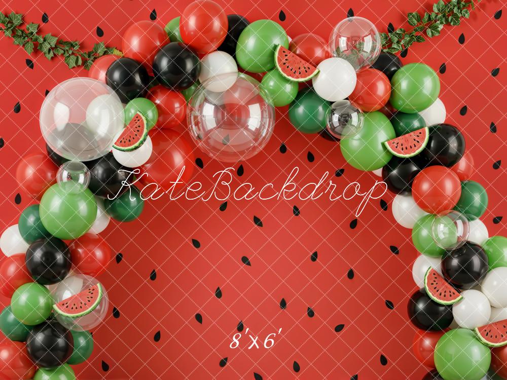 Kate Watermelon Balloon Arch Red Seeds Greenery Fleece Backdrop Designed by Emetselch