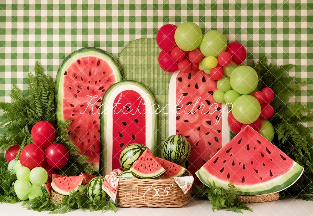 Kate Summer Watermelon Balloons Green Gingham Backdrop Designed by Emetselch - Image 2