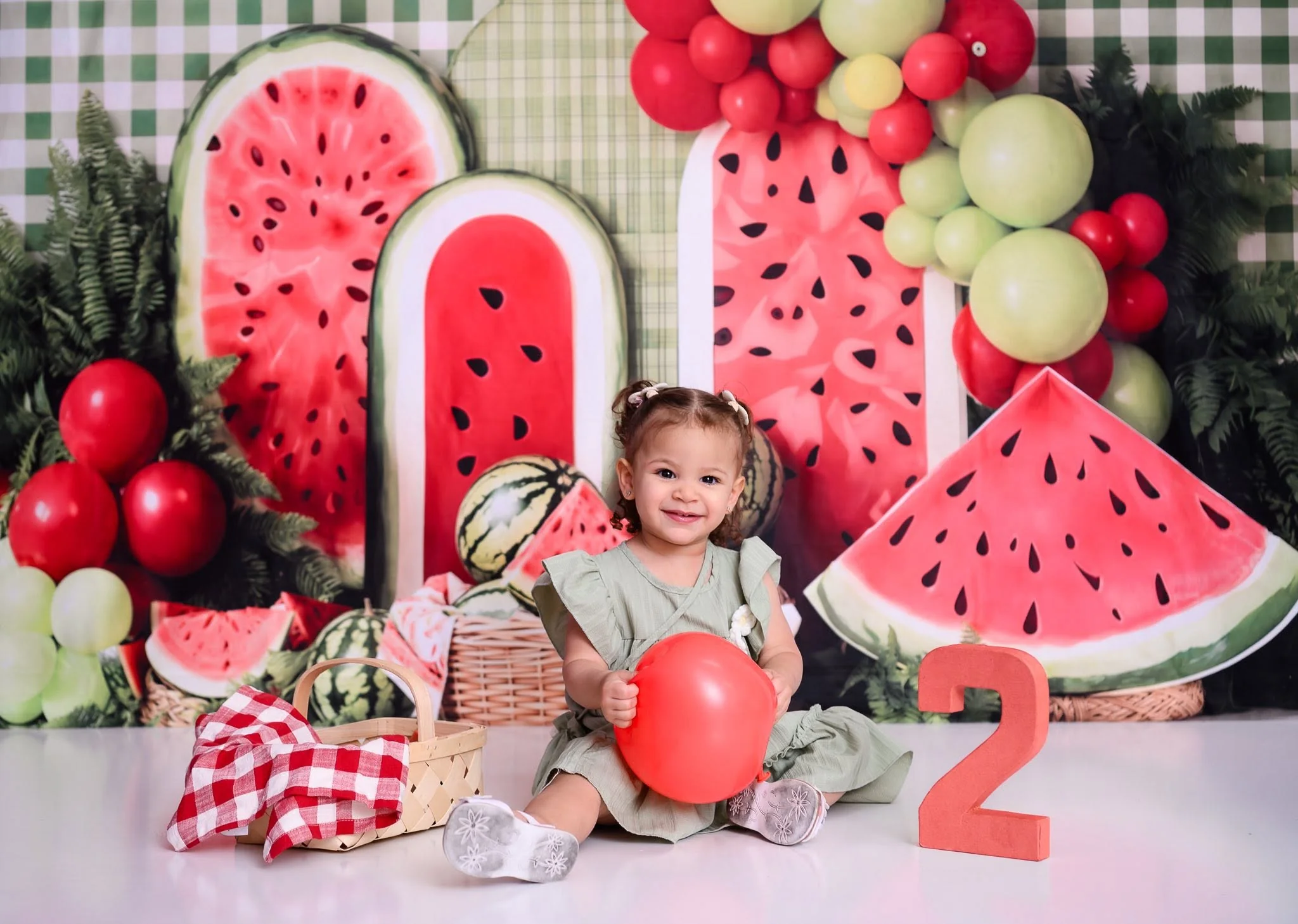 Kate Summer Watermelon Balloons Green Gingham Backdrop Designed by Emetselch - Image 5