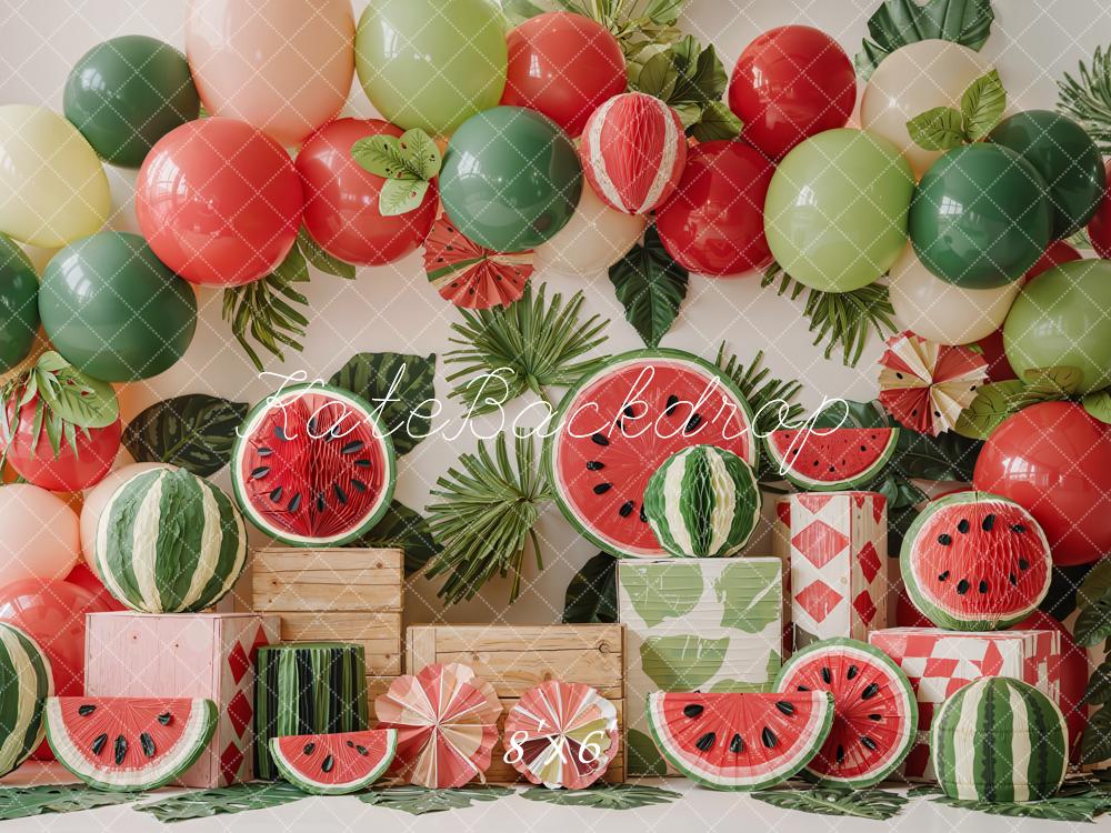 Kate Watermelon Balloons Leaves Crates Fleece Backdrop Designed by Emetselch