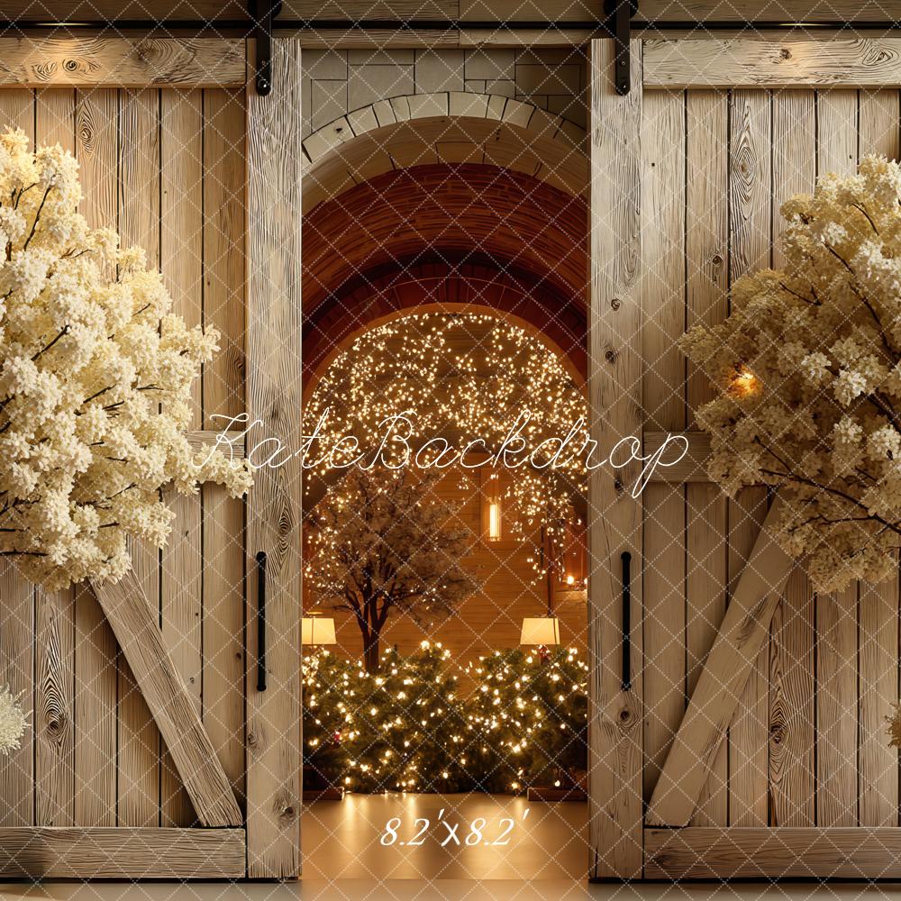 Kate Wedding Barn Door Blossom Trees Lights Backdrop Designed by Mini MakeBelieve - Image 5