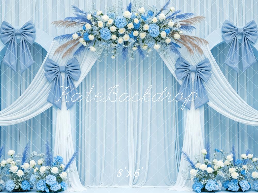 Kate Wedding Blue Drapes Floral Arch Fleece Backdrop Designed by Patty Robert