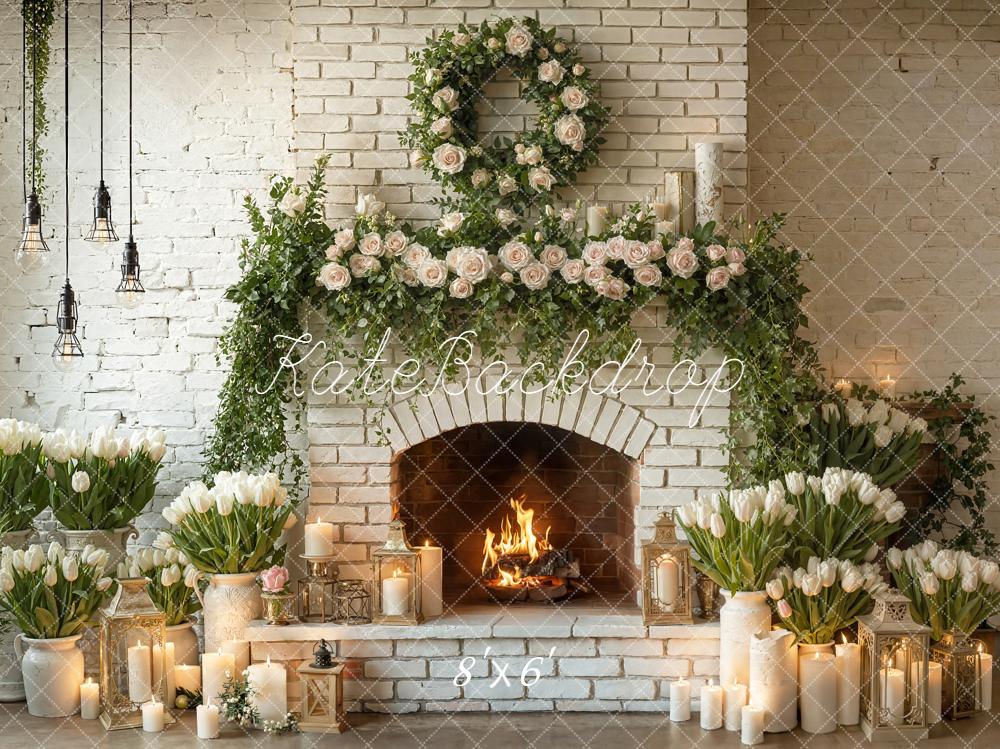 Kate Wedding Brick Fireplace Floral Garland Fleece Backdrop Designed by Emetselch