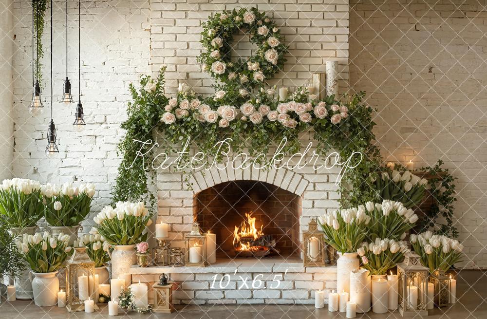 Kate Wedding Brick Fireplace Floral Garland Fleece Backdrop Designed by Emetselch - Image 2