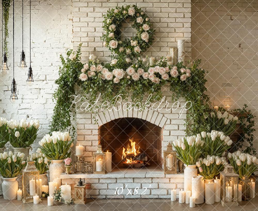 Kate Wedding Brick Fireplace Floral Garland Fleece Backdrop Designed by Emetselch - Image 3