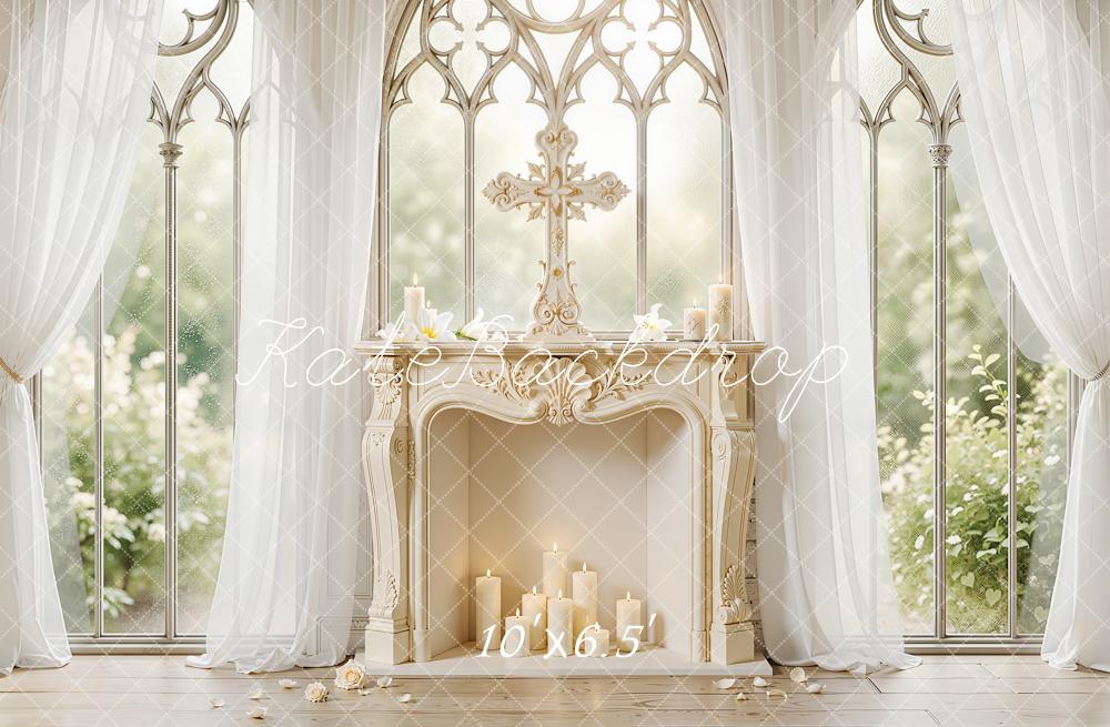 Kate Wedding Cross Fireplace Candles Fleece Backdrop Designed by Chain Photography - Image 2