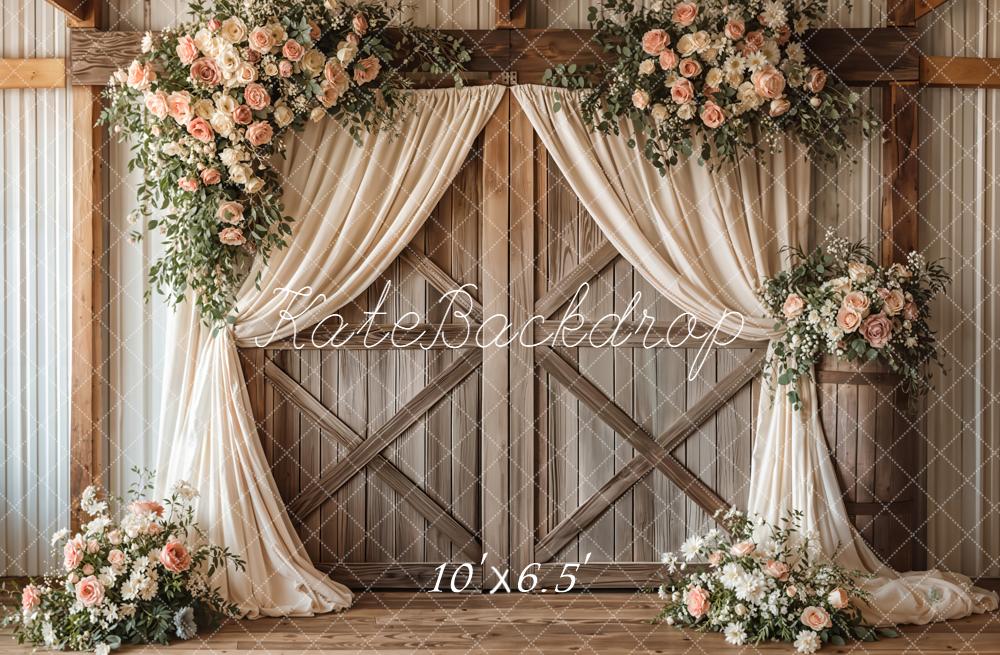 Kate Wedding Floral Barn Doors Fleece Backdrop Designed by Emetselch - Image 2