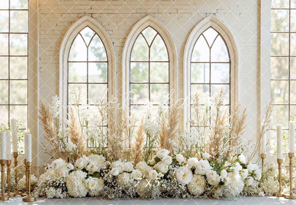 Kate Wedding Floral Arch Candles Cream Windows Backdrop Designed by Mini MakeBelieve