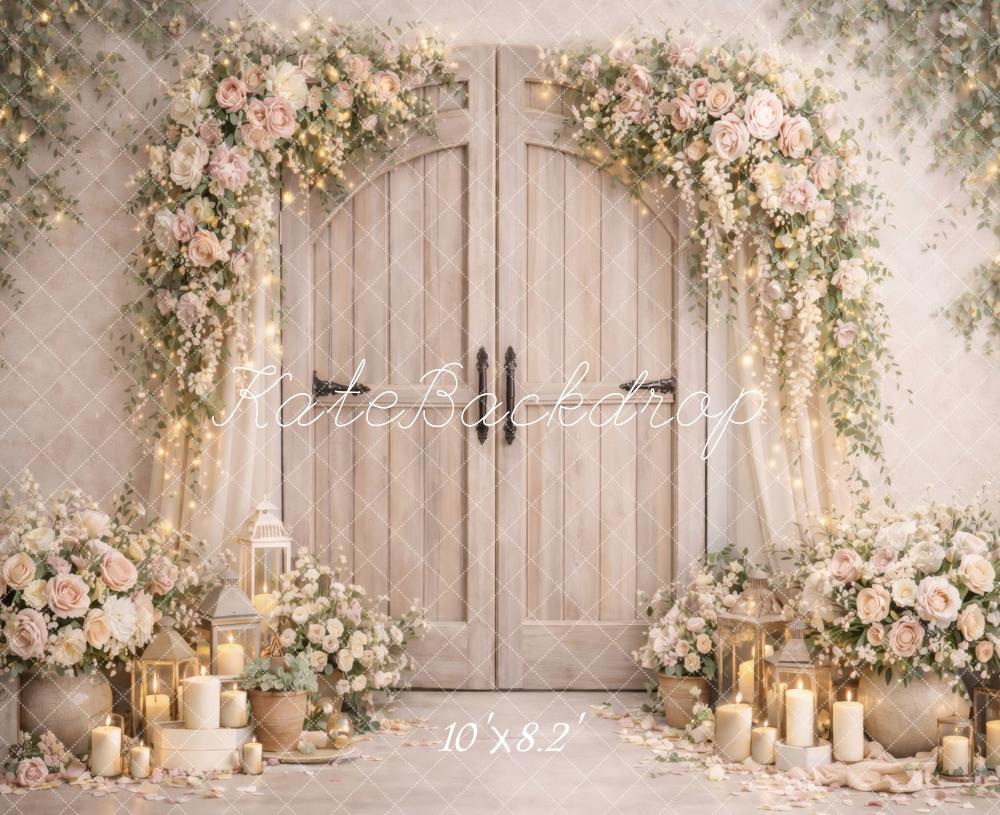 Kate Wedding Floral Arch Candles Rustic Doors Backdrop Designed by Vertigo Productions - Image 6
