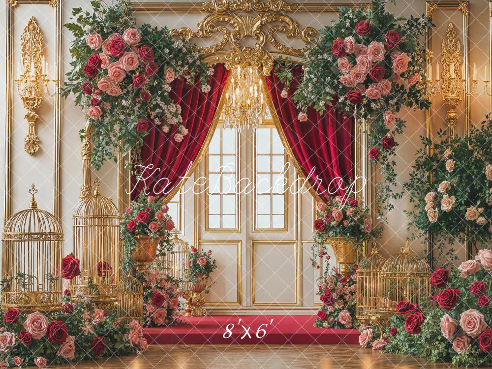 Kate Wedding Floral Arch Red Curtains Fleece Backdrop Designed by Emetselch