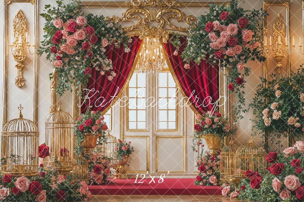 Kate Wedding Floral Arch Red Curtains Fleece Backdrop Designed by Emetselch - Image 4