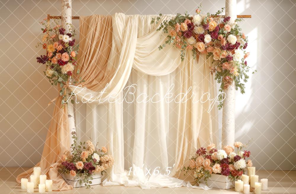 Kate Wedding Floral Cream Drapes Fleece Backdrop Designed by Emetselch - Image 2