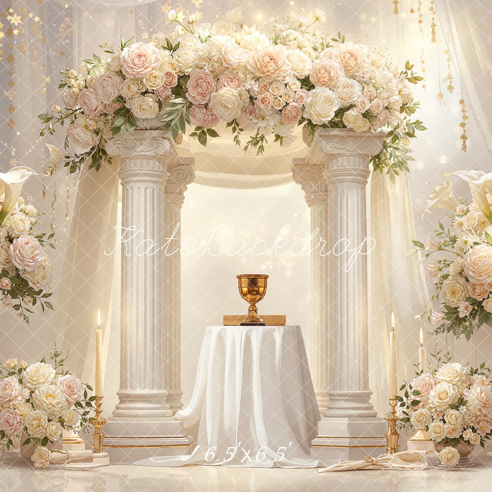 Kate Wedding Flower Arch Chalice White Columns Backdrop Designed by Chain Photography - Image 2