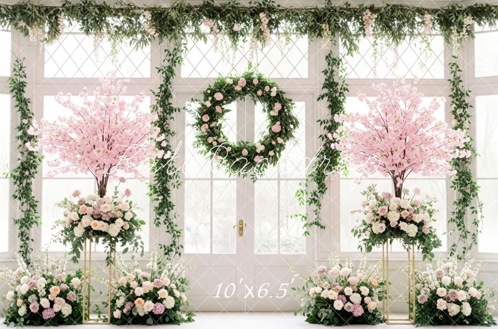 Kate Wedding Pink Blossom Trees Wreath Fleece Backdrop Designed by Patty Robert - Image 2