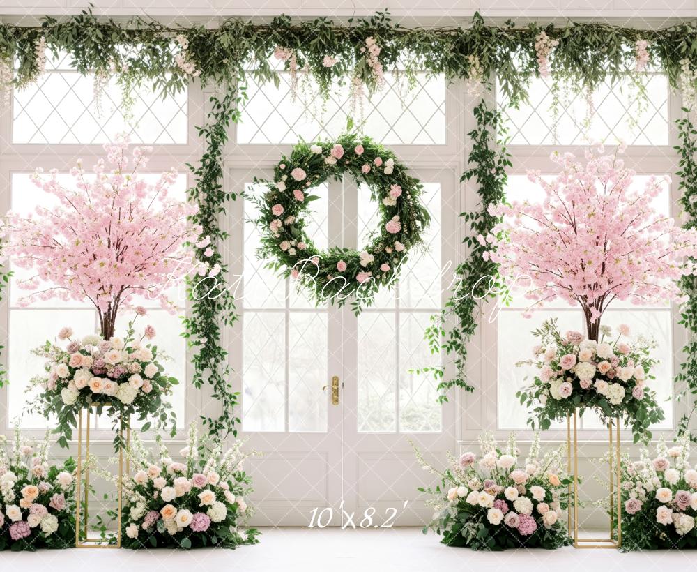 Kate Wedding Pink Blossom Trees Wreath Fleece Backdrop Designed by Patty Robert - Image 3