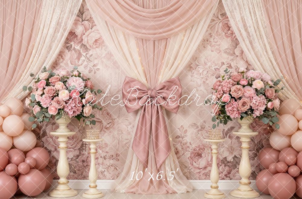 Kate Wedding Pink Floral Balloon Bow Fleece Backdrop Designed by Patty Robert - Image 2