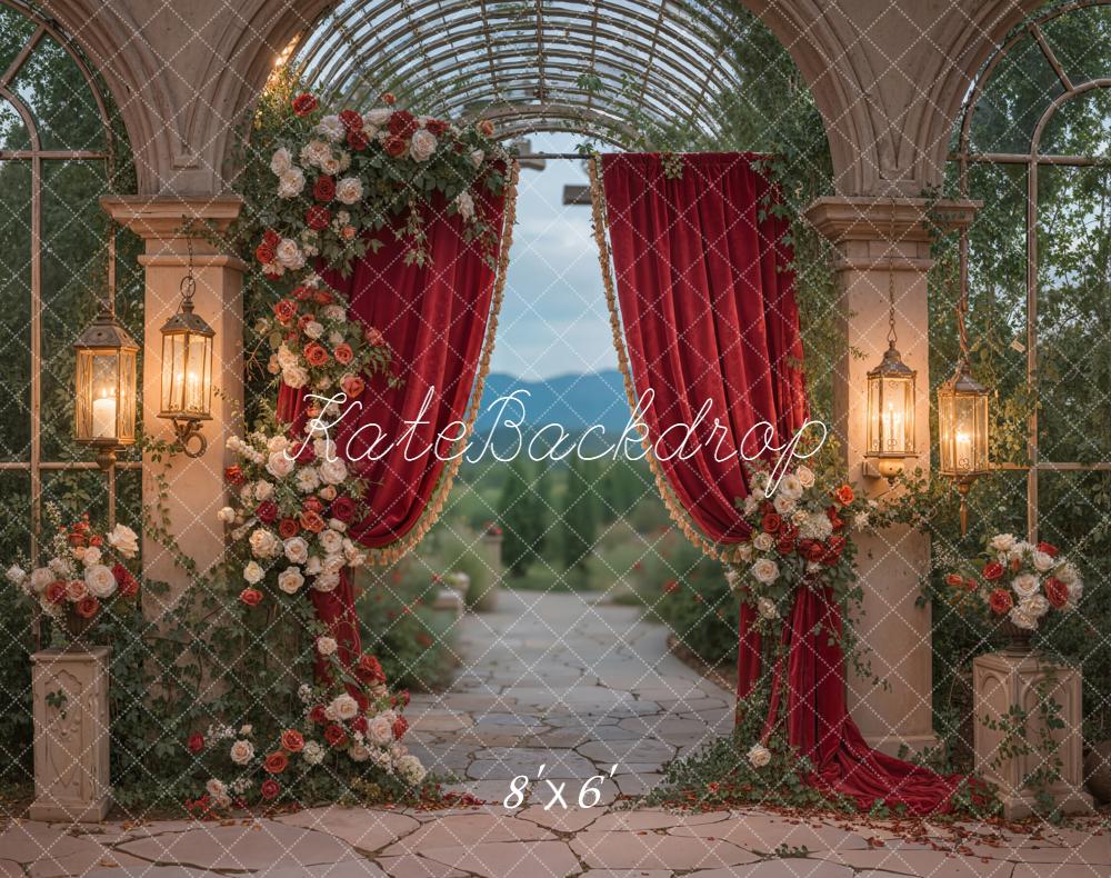 Kate Wedding Red Curtain Floral Archway Fleece Backdrop Designed by Emstselch