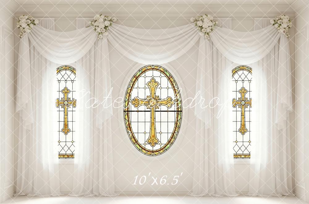 Kate Wedding Stained Glass Cross Floral Fleece Backdrop Designed by Patty Robert - Image 2