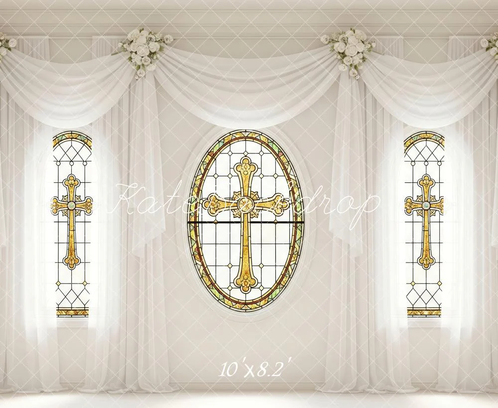 Kate Wedding Stained Glass Cross Floral Fleece Backdrop Designed by Patty Robert - Image 3