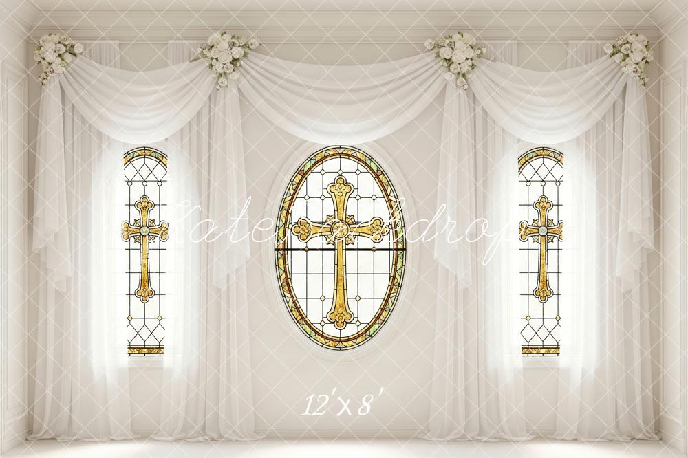 Kate Wedding Stained Glass Cross Floral Fleece Backdrop Designed by Patty Robert - Image 4
