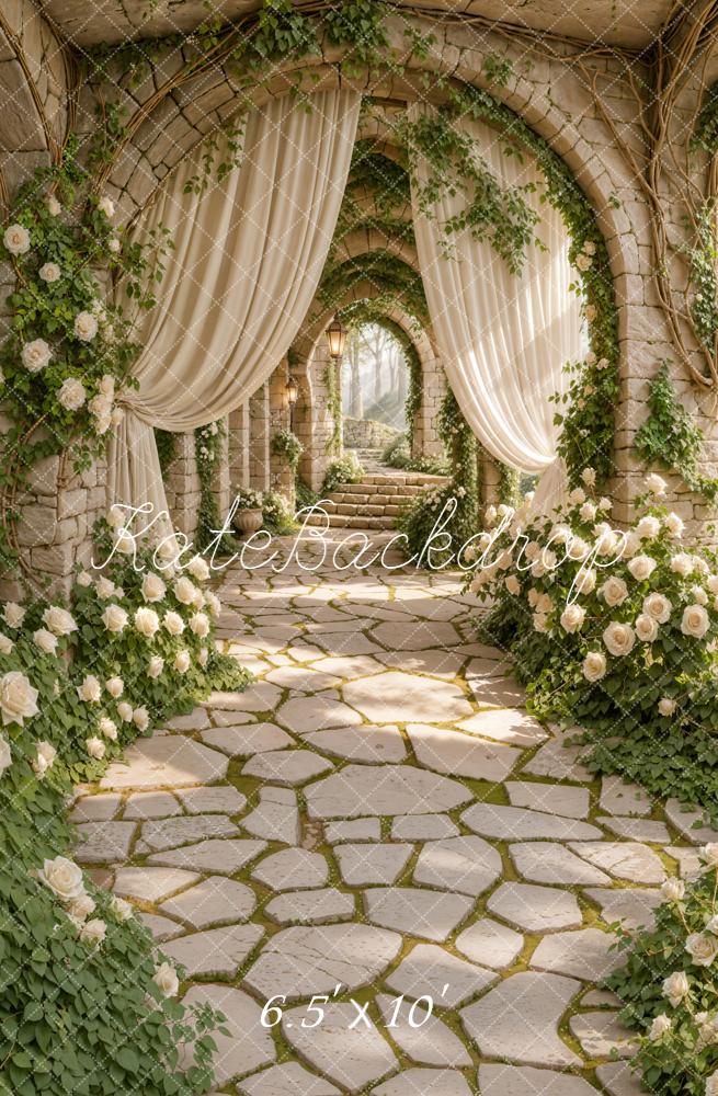 Kate Wedding Stone Archway White Roses Curtains Fleece Backdrop Designed by Emetselch - Image 2
