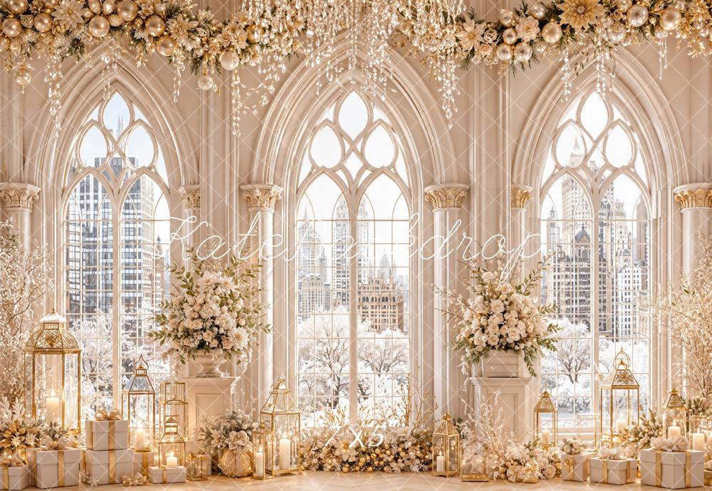 Kate Wedding White Floral Gothic Windows Lanterns Backdrop Designed by Emetselch